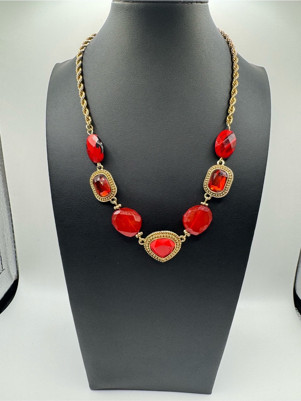 Gold Tone Red Stone Statement Necklace